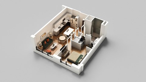 a 3d floor plan of a one bedroom apartment